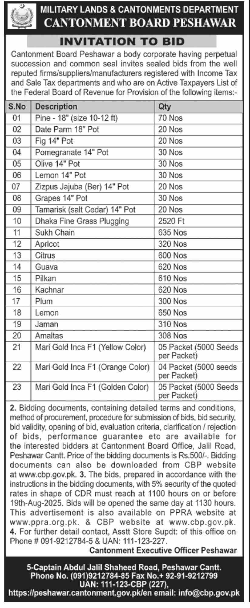 Cantonment Board Peshawar Tender Notice